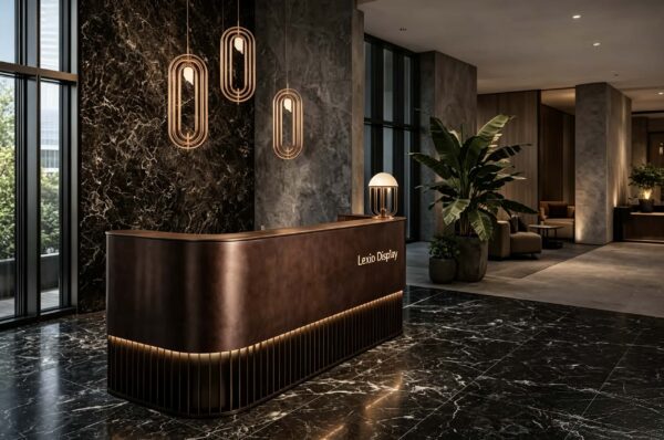 U‑shaped curved aged bronze reception desk with vertical fluted base and warm LED strip lighting, luxury lobby front counter Lexio Display for premium commercial interior fit‑out
