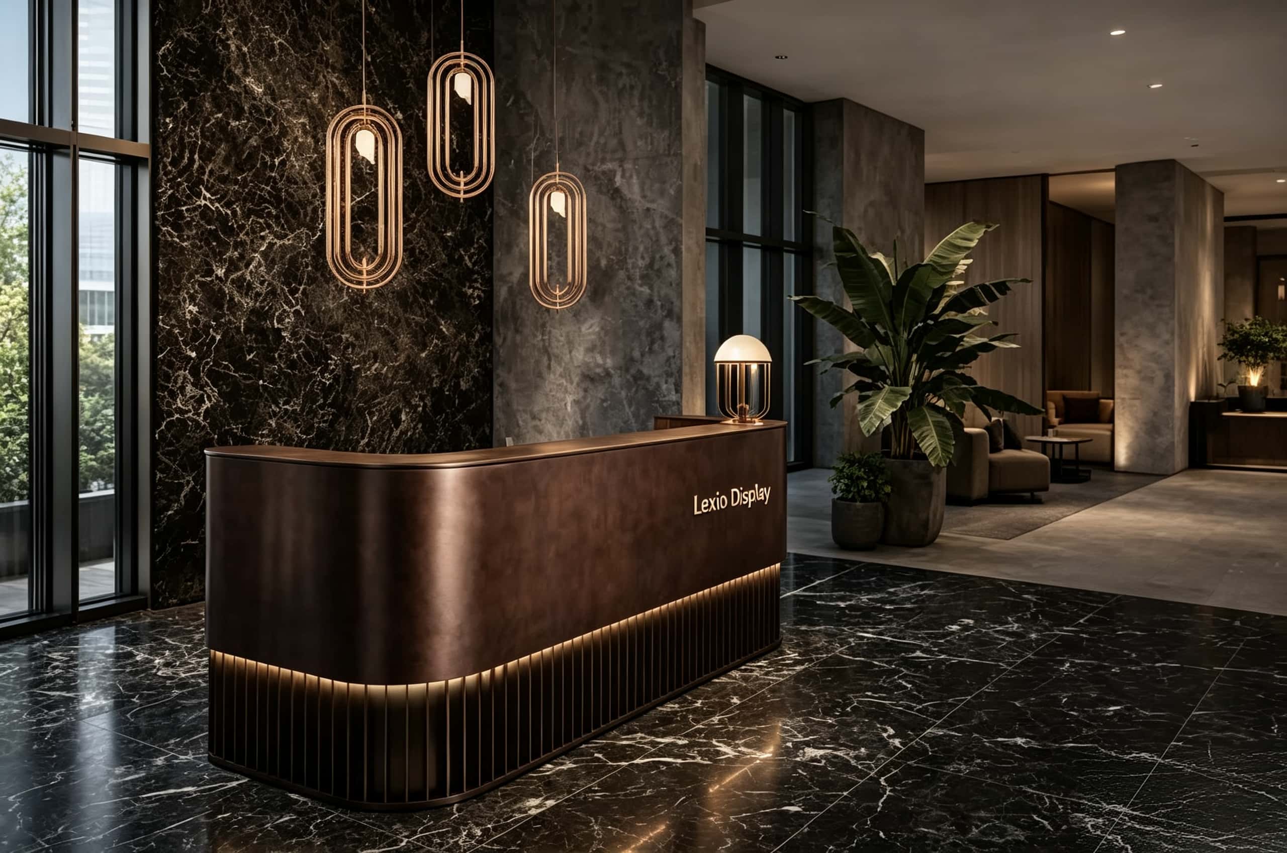 U‑shaped curved aged bronze reception desk with vertical fluted base and warm LED strip lighting, luxury lobby front counter Lexio Display for premium commercial interior fit‑out