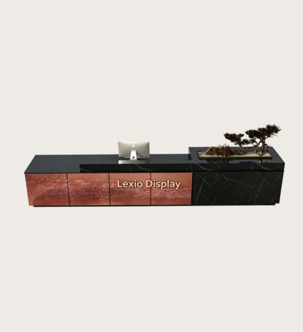 Tiered luxury reception desk with black marble top and etched patina copper art panel, LED illuminated corporate lobby front counter Lexio Display for premium commercial interior