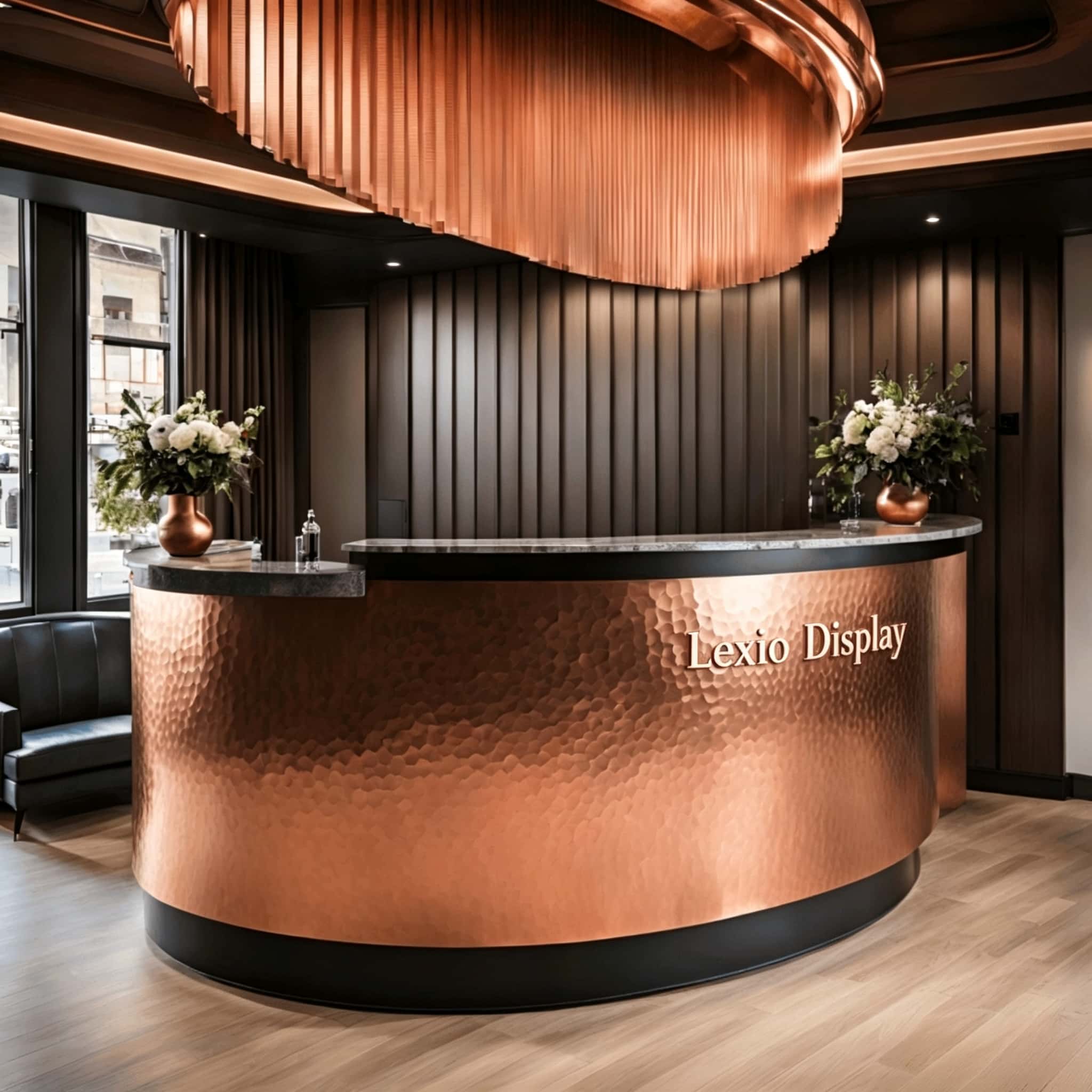 U‑shape semi‑circular reception desk with hand hammered copper cladding and natural granite stone top, curved luxury lobby front counter Lexio Display for premium hospitality interior fit‑out