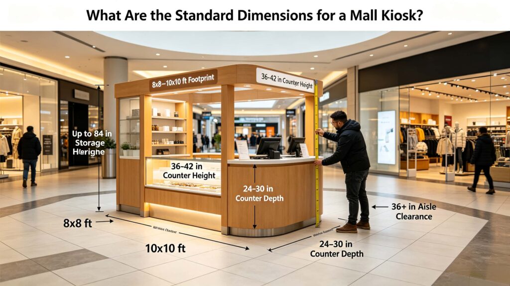 What are the standard dimensions for a mall kiosk?