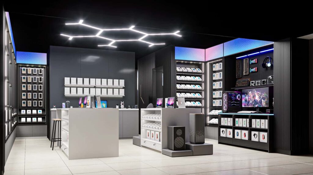1. Retail Display Counter Design for Laptop & Headphone Store