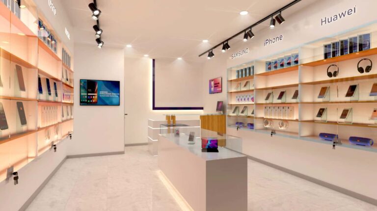 1. Modern Multi-Brand Mobile Shop Interior Design