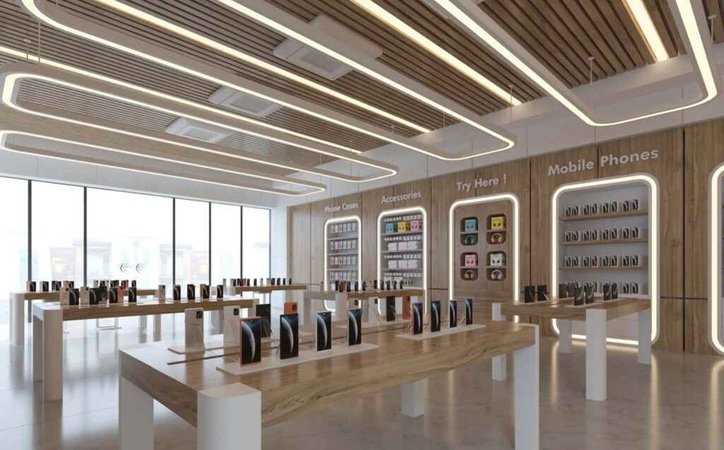 Minimalist Electronics Store Design With Lighted Shelving