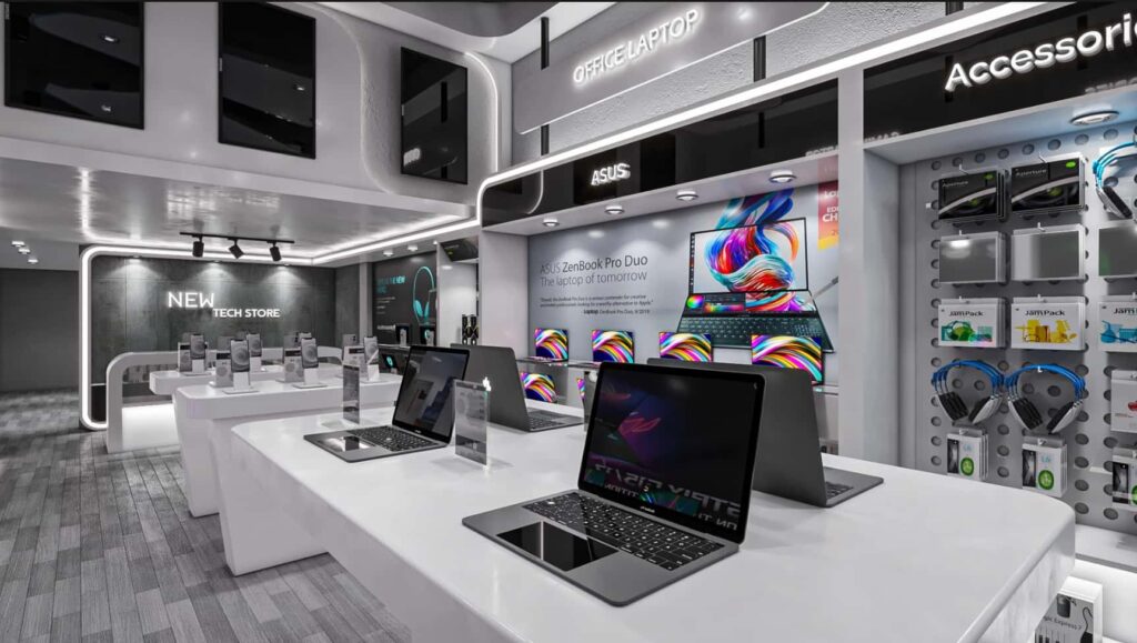 Black & White Gaming Tech Shop Layout Idea