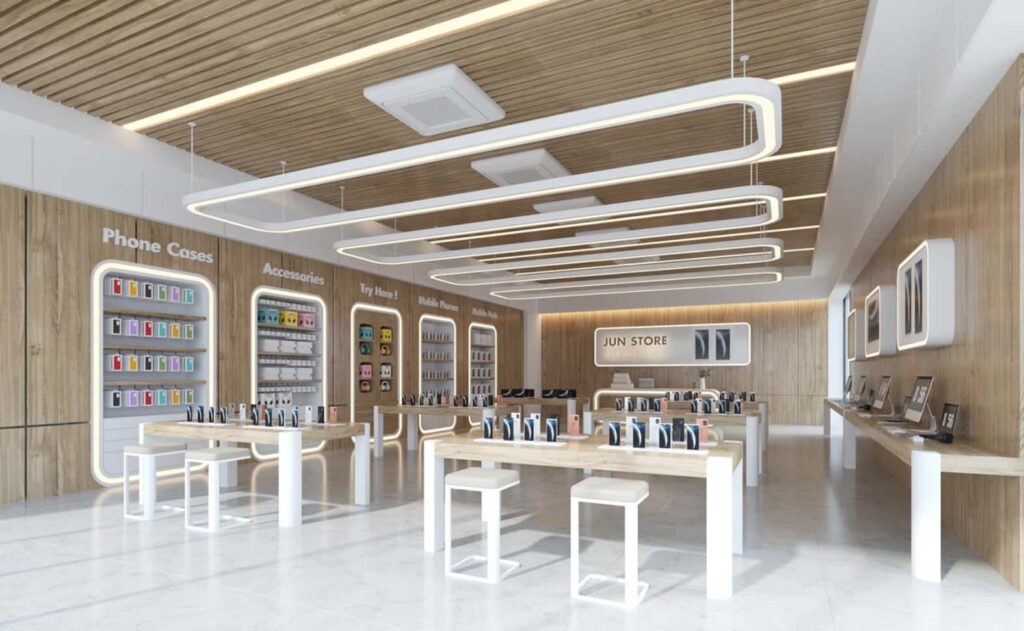 Wood Style Phone Shop With LED Display Wall Cabinets