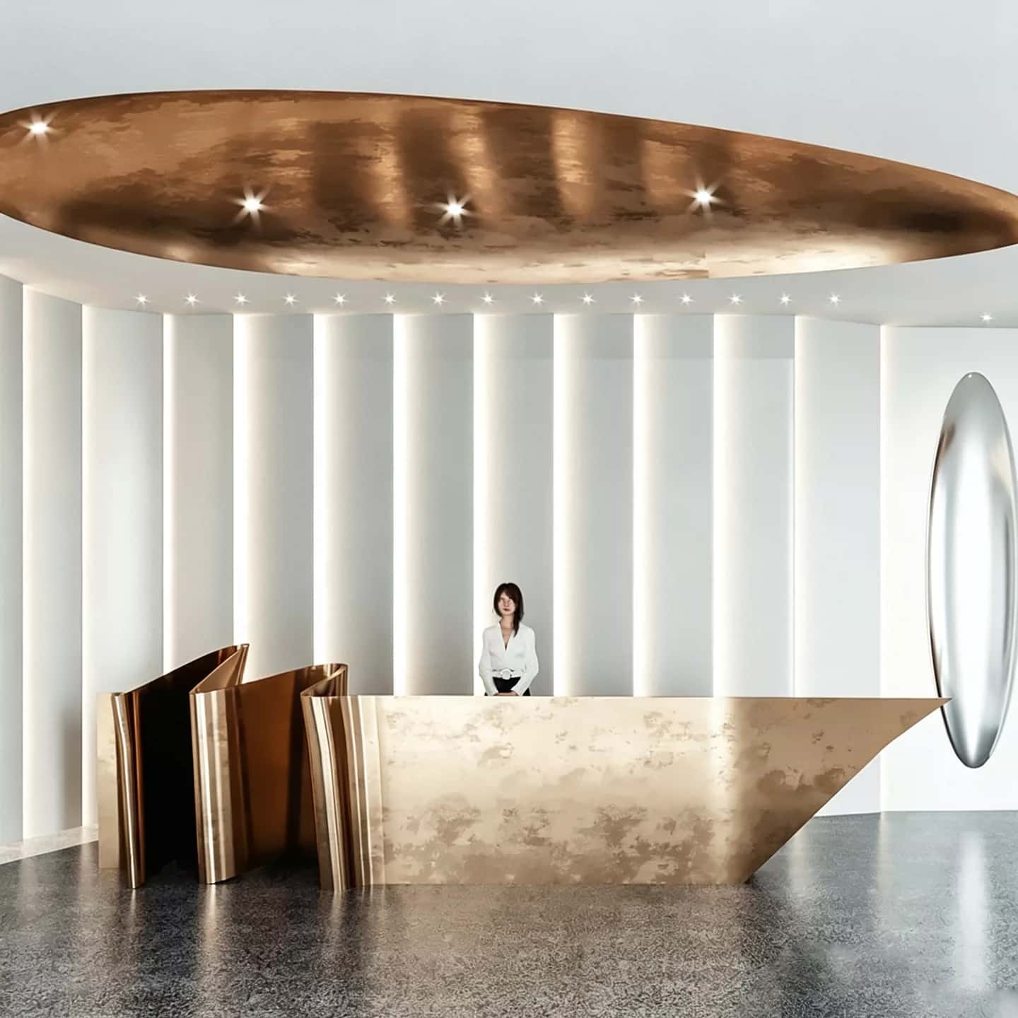 Origami‑style folded metal irregular luxury reception desk, artistic lobby front counter Lexio Display for modern high‑end commercial interior