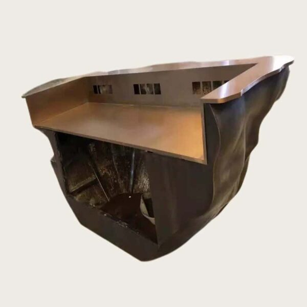 Sculptural fluid crumpled‑form abstract art reception desk, metallic lobby front counter Lexio Display for gallery and high‑end commercial interior