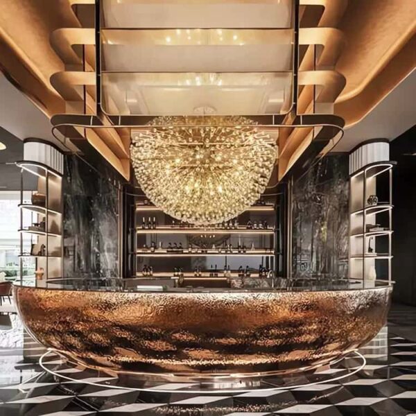 Custom Hammered Bowl Reception Desk | Commercial Glass Top Front Counter For Hotel Lobby