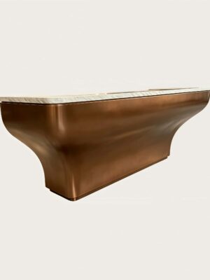 reception desk (17) Brushed bronze curved reception desk with natural marble top, solid‑body luxury lobby counter Lexio Display for premium hotel and corporate project