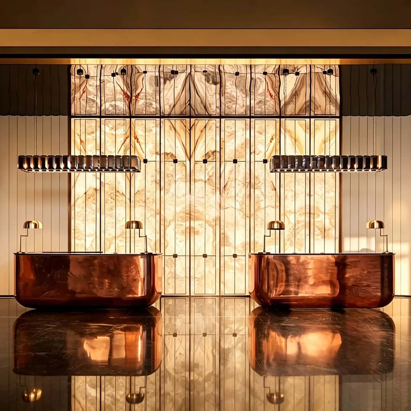 Hammered bronze curved luxury reception desk, solid metal hotel lobby front counter by Lexio Display for high‑end commercial interior