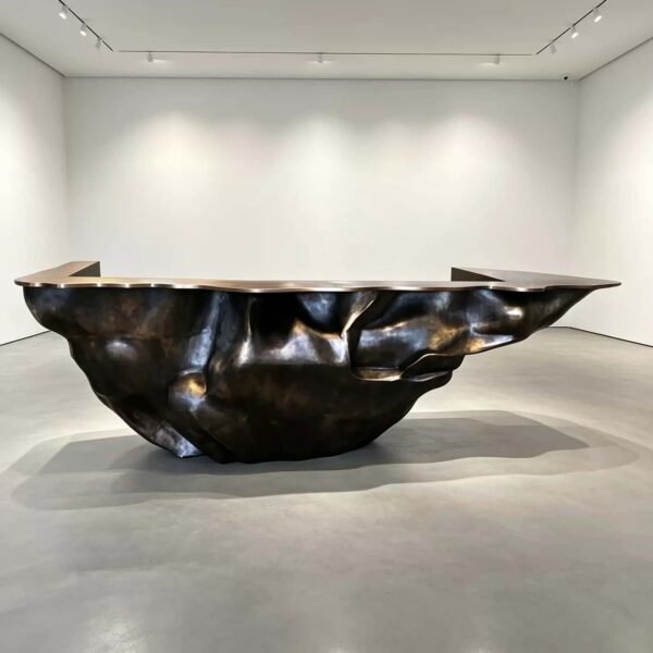 Sculptural fluid crumpled‑form abstract art reception desk, metallic lobby front counter Lexio Display for gallery and high‑end commercial interior