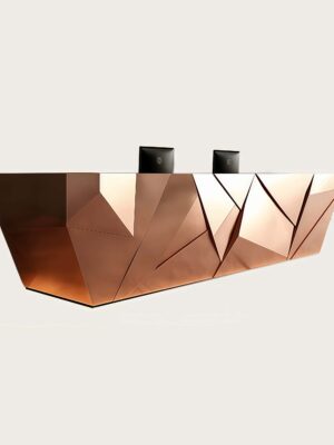 Faceted geometric rose‑gold reception desk with ambient LED backlight, multi‑person lobby counter Lexio Display for modern luxury commercial interior