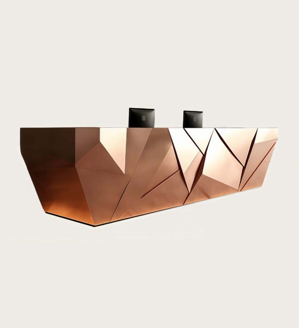 reception desk (24) Faceted geometric rose‑gold reception desk with ambient LED backlight, multi‑person lobby counter Lexio Display for modern luxury commercial interior