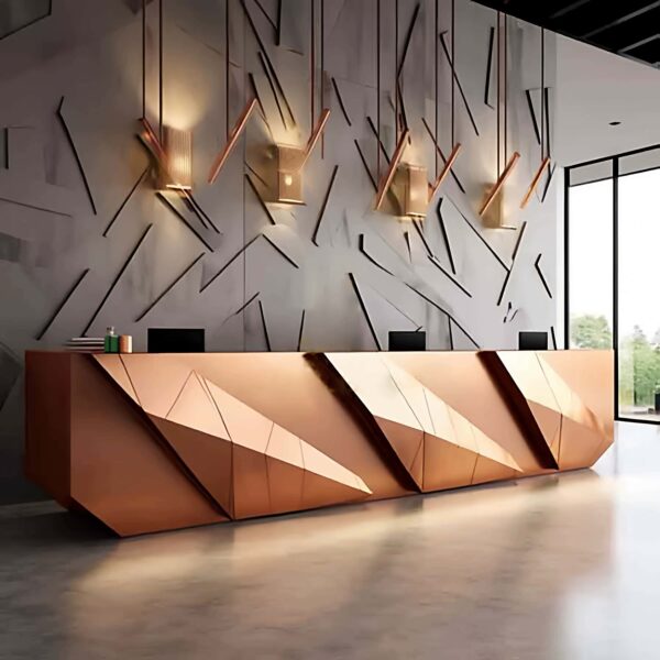 reception desk (27) Faceted geometric rose‑gold reception desk with ambient LED backlight, multi‑person lobby counter Lexio Display for modern luxury commercial interior