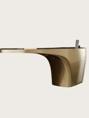 reception desk (29) Fluid cantilever curved gold sculptural reception desk, floating‑top lobby front counter Lexio Display for premium hotel and corporate interior