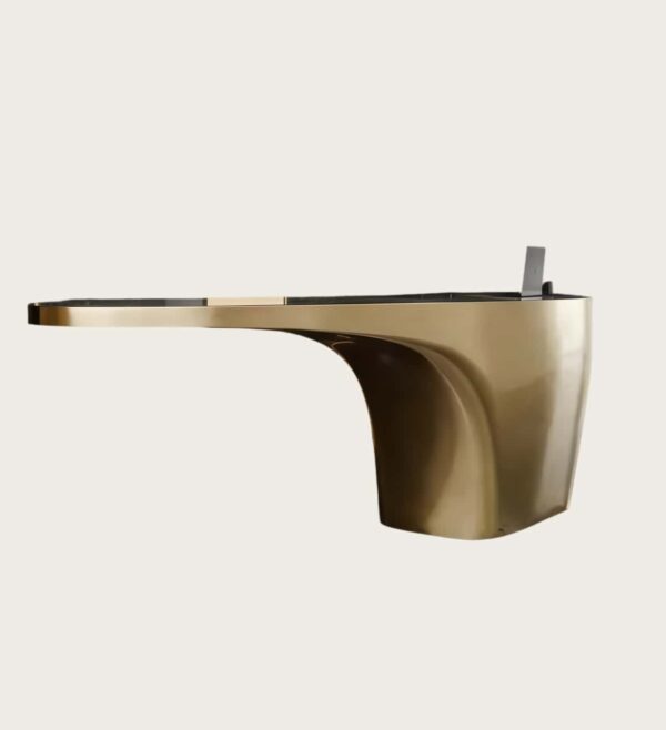 Fluid cantilever curved gold sculptural reception desk, floating‑top lobby front counter Lexio Display for premium hotel and corporate interior
