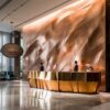 Large geometric faceted metal‑panel multi‑person reception desk, luxury hotel lobby front counter Lexio Display for high‑end commercial interior