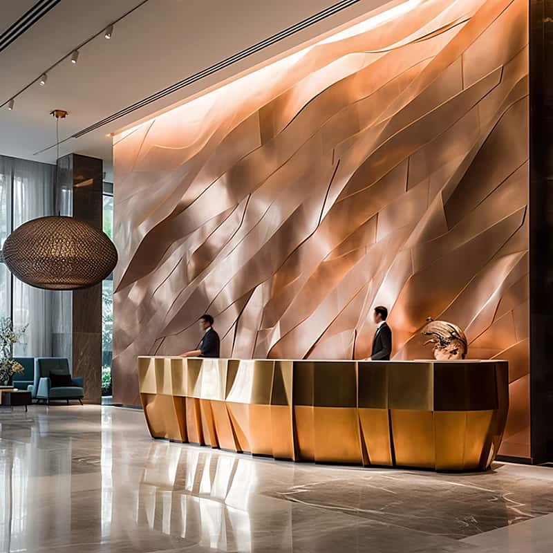 Large geometric faceted metal‑panel multi‑person reception desk, luxury hotel lobby front counter Lexio Display for high‑end commercial interior