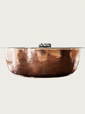 reception desk (34) Hammered textured metal bowl‑shaped curved bar reception desk with glass top, luxury lobby bar counter Lexio Display for high‑end hospitality project