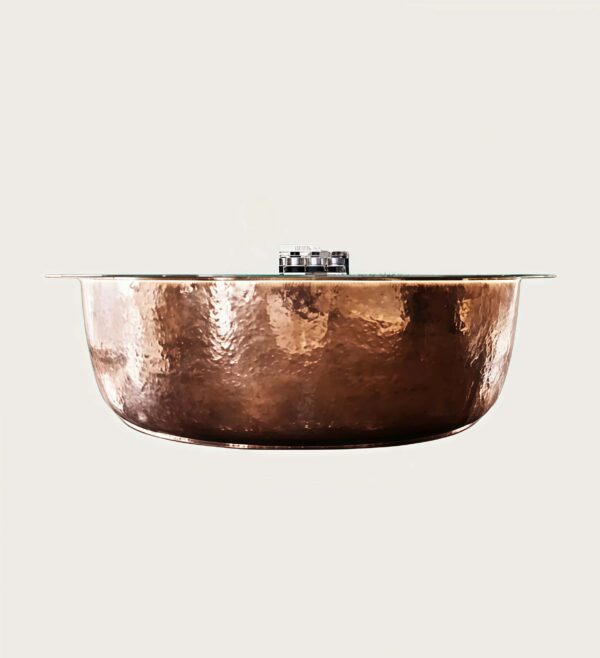 Hammered textured metal bowl‑shaped curved bar reception desk with glass top, luxury lobby bar counter Lexio Display for high‑end hospitality project