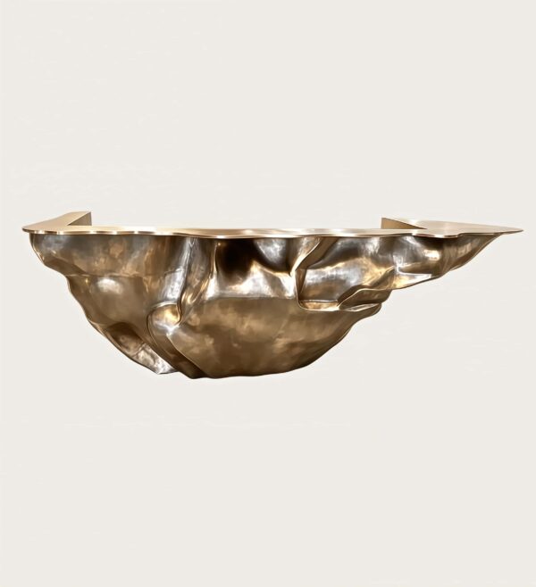 Sculptural fluid crumpled‑form abstract art reception desk, metallic lobby front counter Lexio Display for gallery and high‑end commercial interior