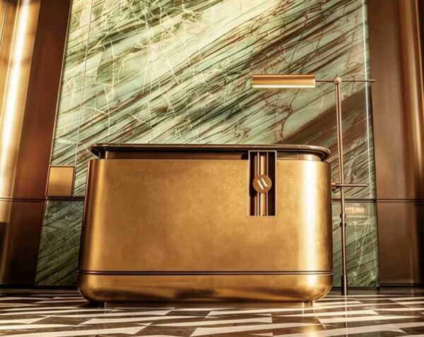 reception desk (4) Antique brass rounded luxury reception desk with marble top, metal hotel lobby front counter Lexio Display for high‑end commercial interior fit‑out