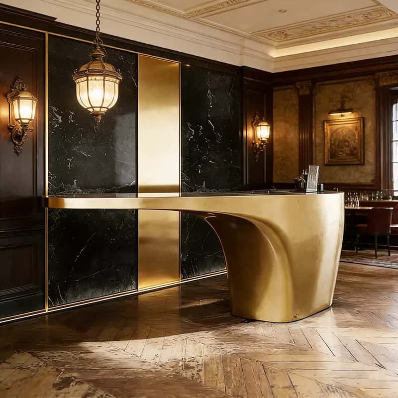 Fluid cantilever curved gold sculptural reception desk, floating‑top lobby front counter Lexio Display for premium hotel and corporate interior