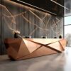 reception desk (45) Faceted geometric rose‑gold reception desk with ambient LED backlight, multi‑person lobby counter Lexio Display for modern luxury commercial interior