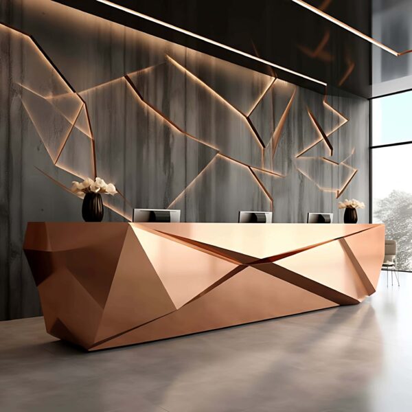 reception desk (45) Faceted geometric rose‑gold reception desk with ambient LED backlight, multi‑person lobby counter Lexio Display for modern luxury commercial interior