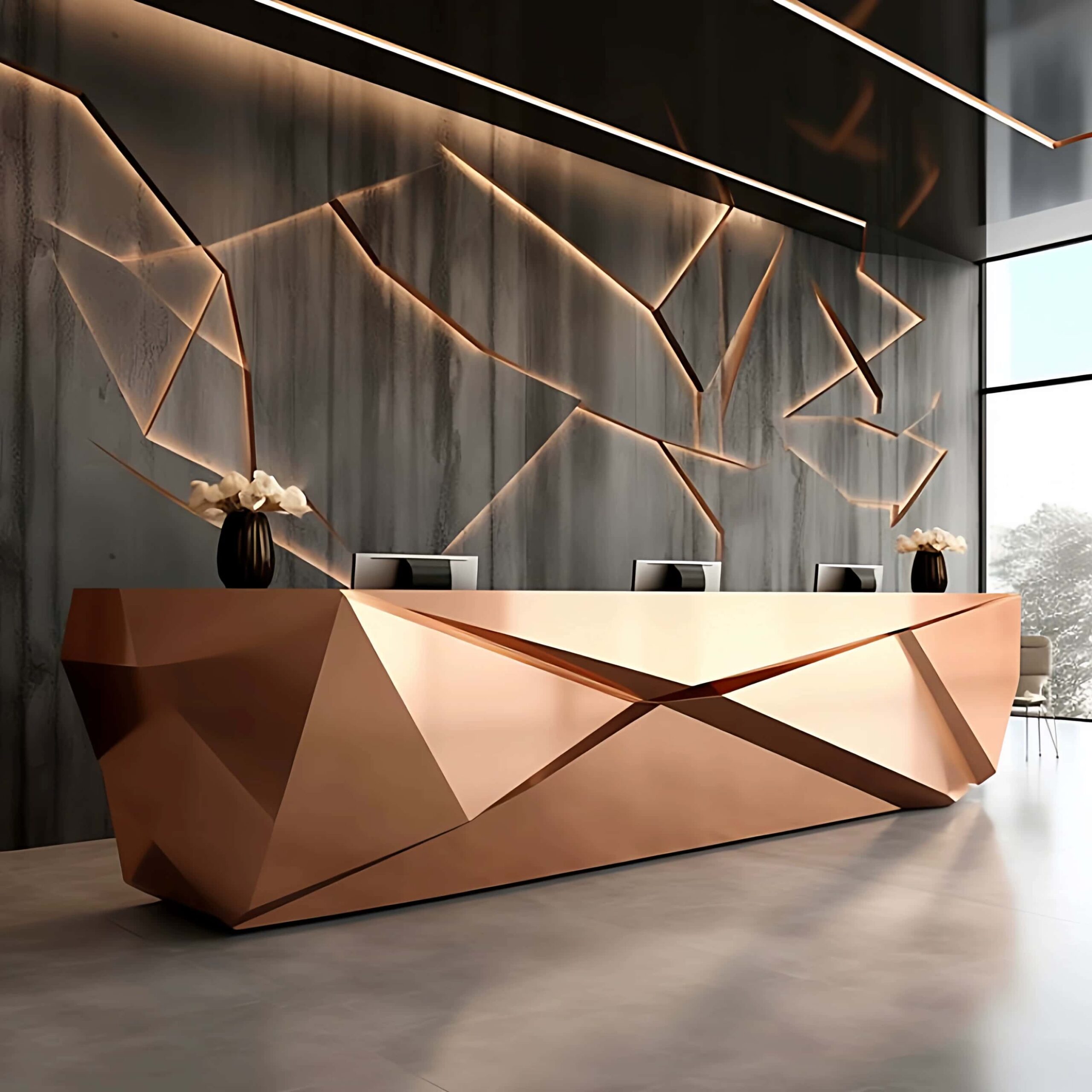 Faceted geometric rose‑gold reception desk with ambient LED backlight, multi‑person lobby counter Lexio Display for modern luxury commercial interior