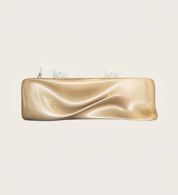 reception desk (46) Glossy champagne gold organic fluid wave sculptural reception desk, multi‑workstation lobby counter Lexio Display for modern luxury lobby interior
