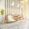 reception desk (47) Glossy champagne gold organic fluid wave sculptural reception desk, multi‑workstation lobby counter Lexio Display for modern luxury lobby interior