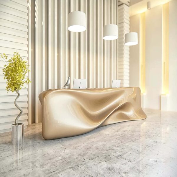 reception desk (47) Glossy champagne gold organic fluid wave sculptural reception desk, multi‑workstation lobby counter Lexio Display for modern luxury lobby interior