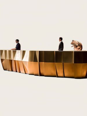 reception desk (48) Large geometric faceted metal‑panel multi‑person reception desk, luxury hotel lobby front counter Lexio Display for high‑end commercial interior