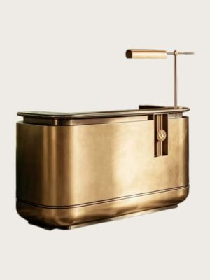 reception desk (5) Antique brass rounded luxury reception desk with marble top, metal hotel lobby front counter Lexio Display for high‑end commercial interior fit‑out
