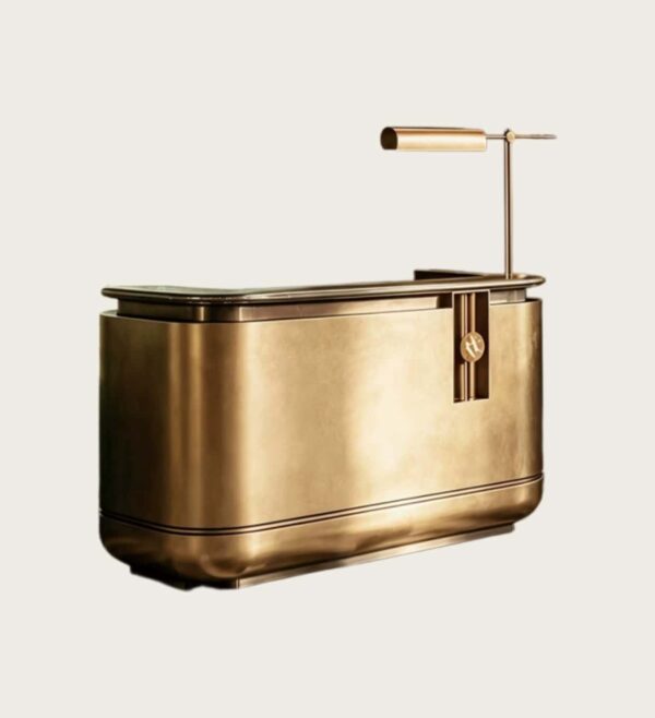 reception desk (5) Antique brass rounded luxury reception desk with marble top, metal hotel lobby front counter Lexio Display for high‑end commercial interior fit‑out