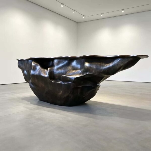 Sculptural fluid crumpled‑form abstract art reception desk, metallic lobby front counter Lexio Display for gallery and high‑end commercial interior