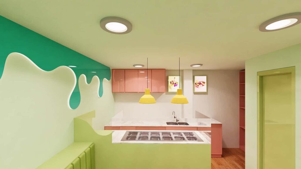Modern dessert shop design with an open prep area