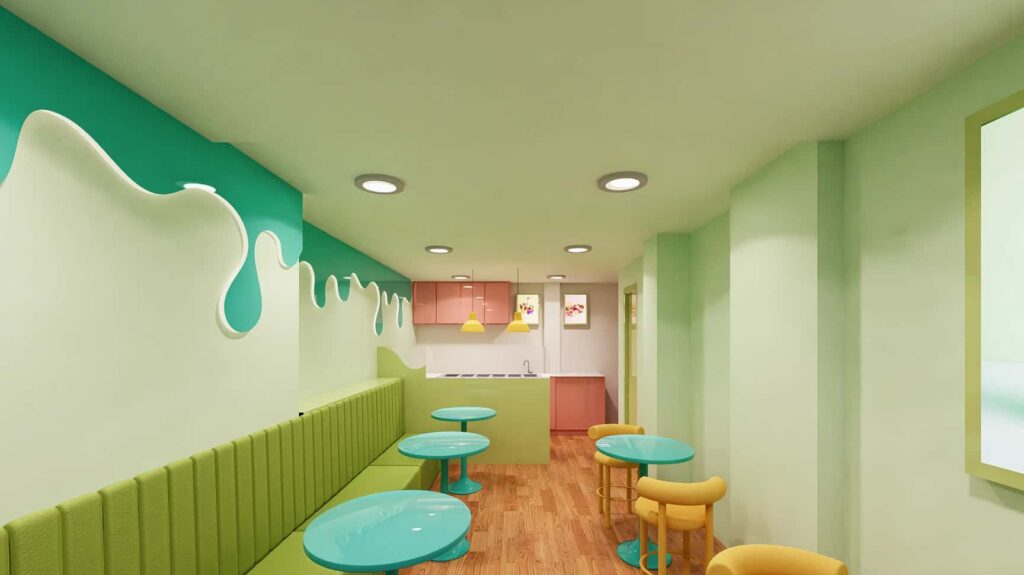 Cozy seating ideas for a small ice cream shop design