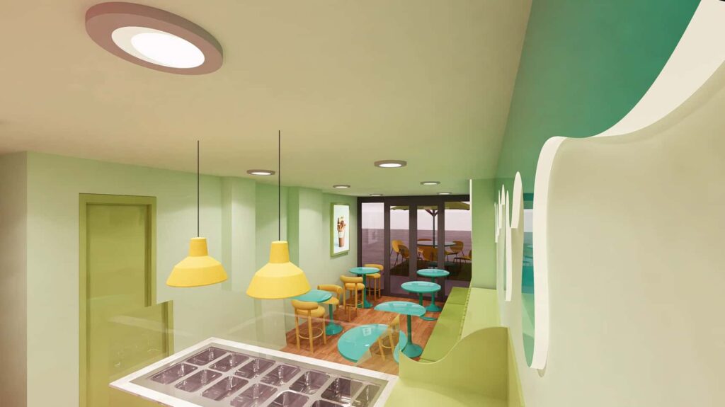 How to use teal and green in a dessert shop design