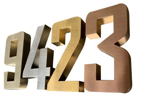 Backlit brushed silver 3D metal letter sign "Sign", floating mounted on dark lobby wall
