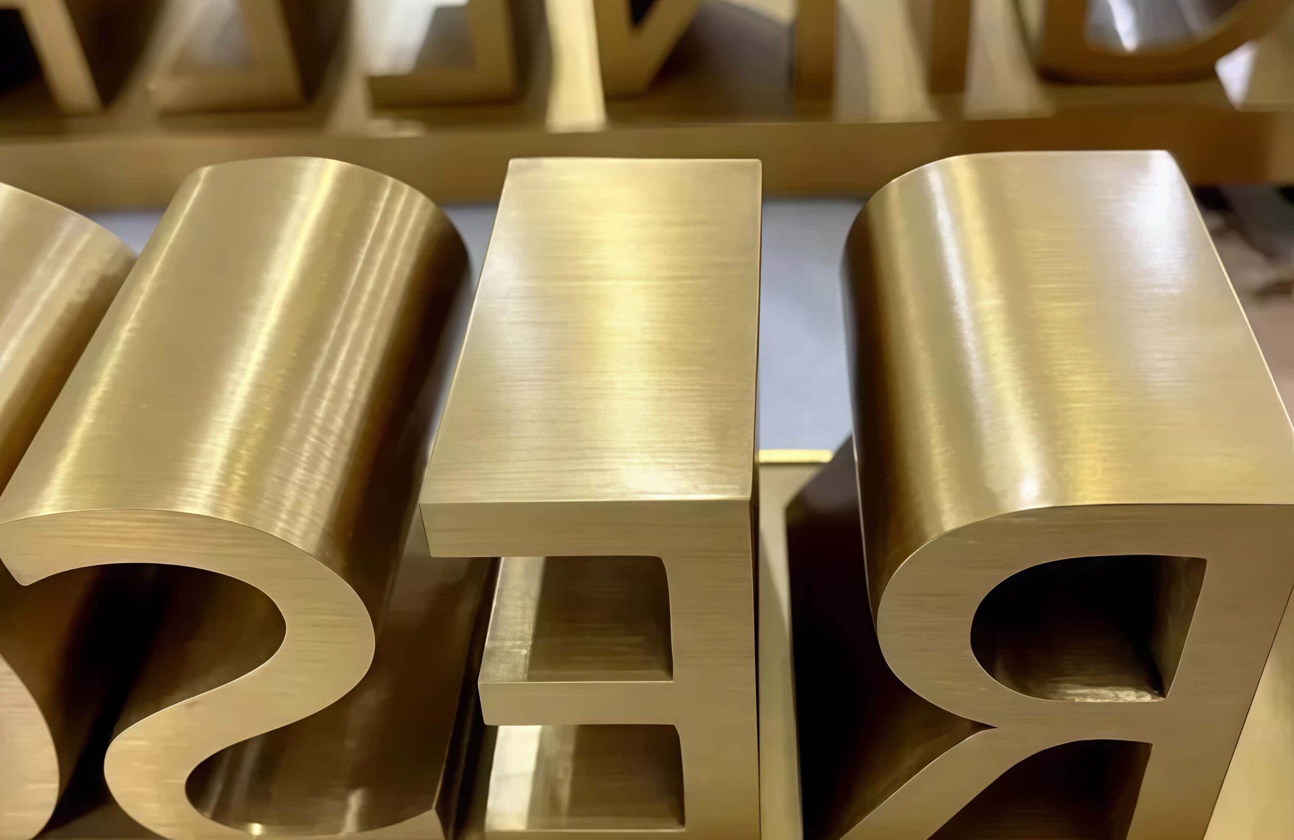 Bulk custom brushed gold 3D solid metal letters laid flat for quality inspection