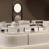 Modern curved white wood grain mall handbag kiosk with stepped display shelves and LED lighting for luxury purse retail