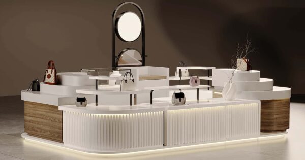 Modern curved white wood grain mall handbag kiosk with stepped display shelves and LED lighting for luxury purse retail