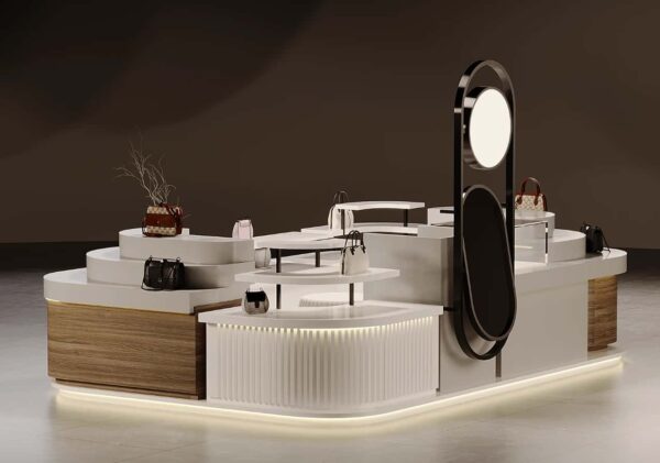 Side view custom shopping centre handbag booth with black metal arched mirror frame, display handbags and leather accessories