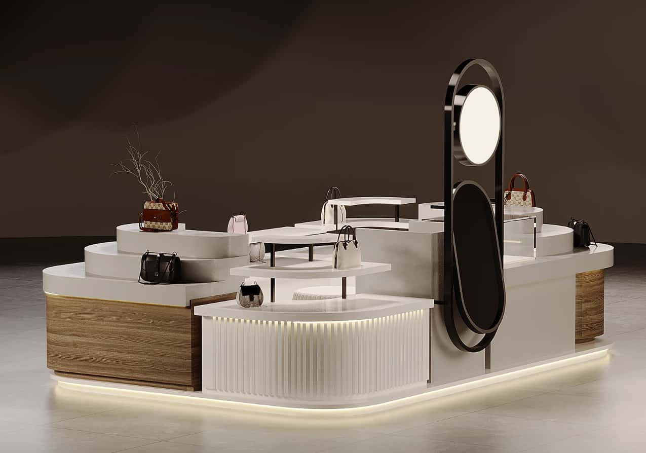 Side view custom shopping centre handbag booth with black metal arched mirror frame, display handbags and leather accessories