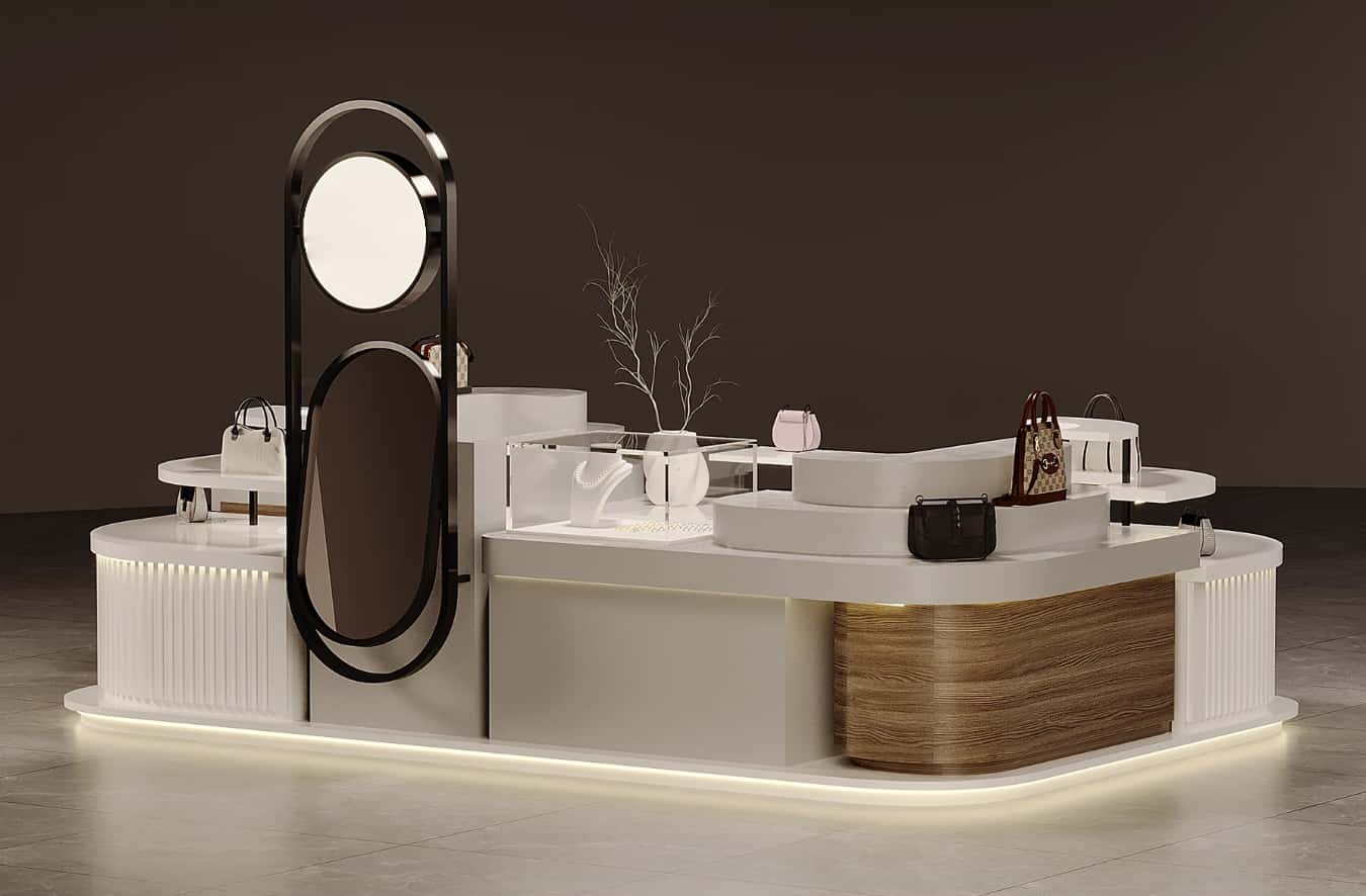 3D render of luxury handbag mall kiosk, glass showcase for high-end bags, matte white fluted panel