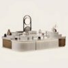 White background render of custom handbag retail kiosk, shopping mall bag display stand, Lexio Display