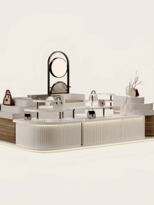 White background render of custom handbag retail kiosk, shopping mall bag display stand, Lexio Display